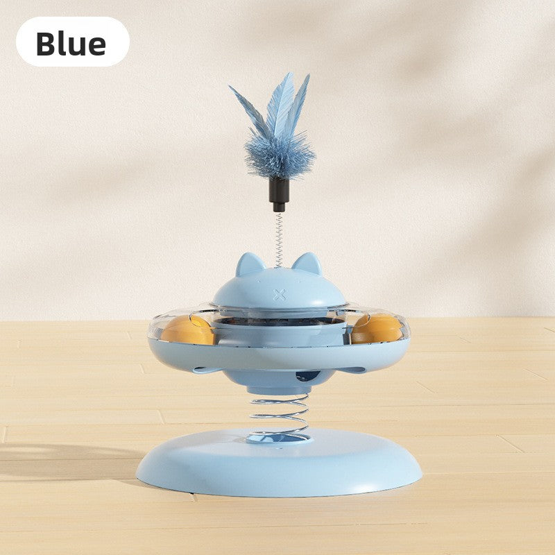 Advanced Self Amusement Cat Toy Automatic Rotating Turntable with Feather Wand and Balls for Indoor Kittens to Play Alone