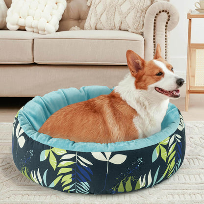 Plush Round Pet Bed Blue Leaves Pattern All-Season Cat Dog Non-Slip Mat