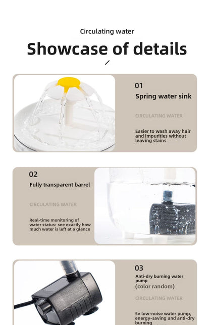Cat Water Fountain 2L Automatic Circulating Flower Design with LED Light and Filter for Healthy Hydration