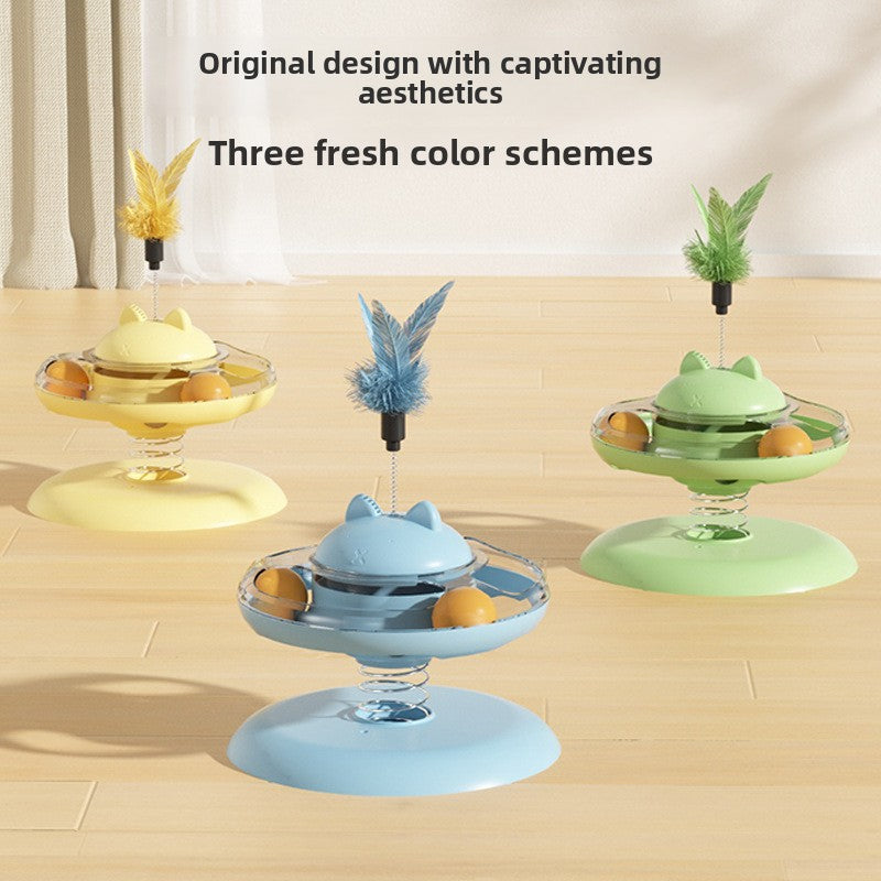 Advanced Self Amusement Cat Toy Automatic Rotating Turntable with Feather Wand and Balls for Indoor Kittens to Play Alone