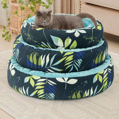 Plush Round Pet Bed Blue Leaves Pattern All-Season Cat Dog Non-Slip Mat
