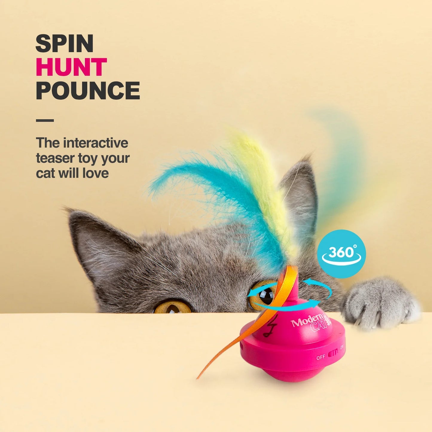 USB Rechargeable Cat Ball Toy 360-Degree Rotating Feather Ribbon Teaser