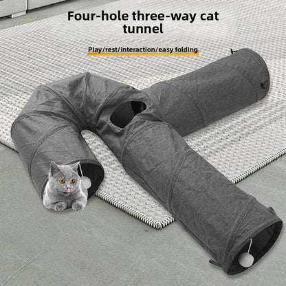Hot-Selling New Four-Hole Three-Way Curved Foldable Scratch-Resistant Cat Tunnel Pet Toy
