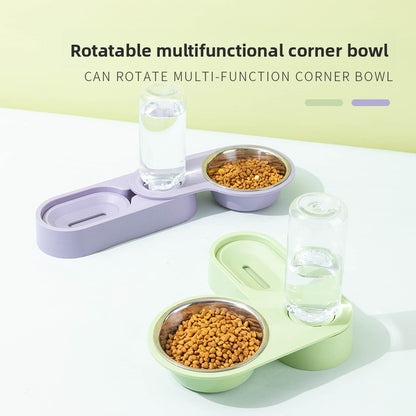 Automatic Pet Water Dispenser with Stainless Steel Double Bowl Rotatable Foldable Dog Cat Feeder for Food and Water Corner Feeding Solution