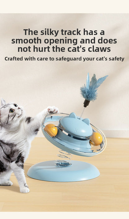 Advanced Self Amusement Cat Toy Automatic Rotating Turntable with Feather Wand and Balls for Indoor Kittens to Play Alone