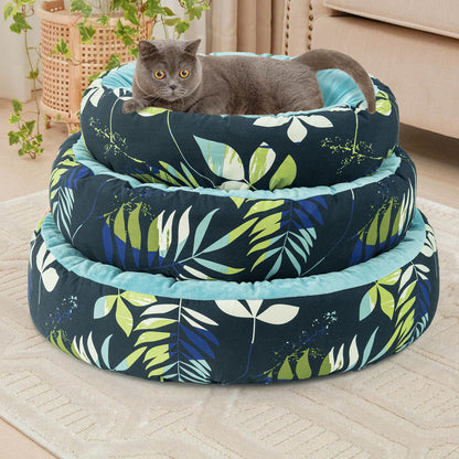 Plush Round Pet Bed Blue Leaves Pattern All-Season Cat Dog Non-Slip Mat