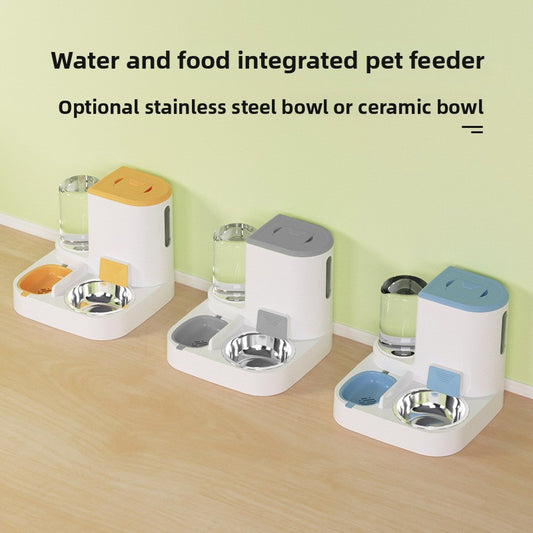 Anti-Tip Cat/Dog Feeder with Large Capacity Automatic Waterer, Ceramic/Stainless Steel Bowls