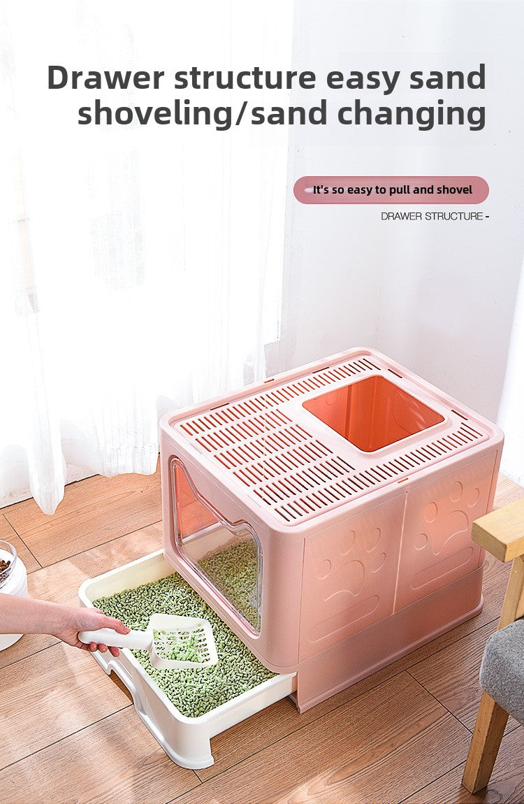 Large Foldable Pet Litter Box with Drawer Top Entry