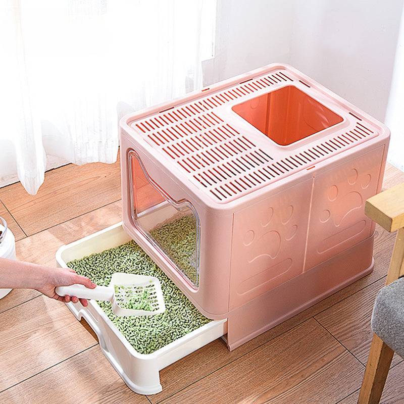 Large Foldable Pet Litter Box with Drawer Top Entry