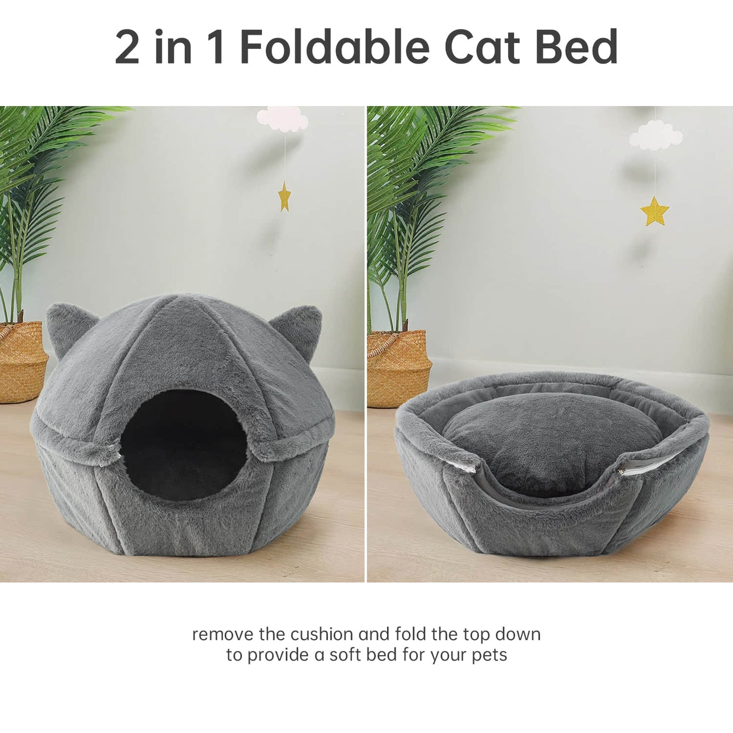 Detachable Foldable Cave Cat Bed Featuring Double Zipper Soft Fur Pad