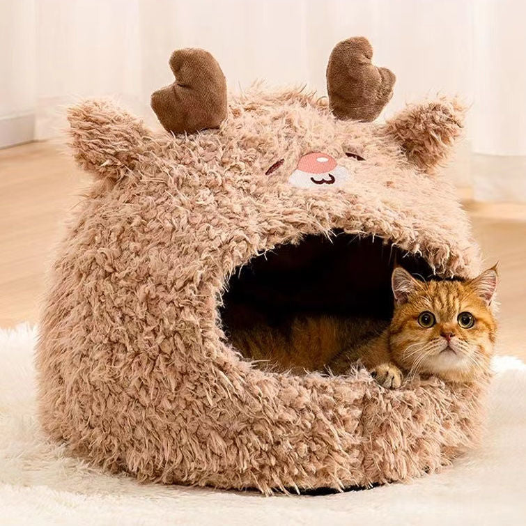 Pet Cat Nest Enclosed Sleeping Nest Dog Nest Winter Warm Mongolian Yurt Plush Animal Style Cute Adorable Pet Fleece Nest
