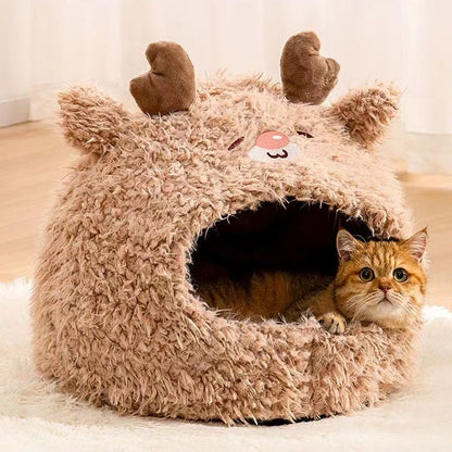 Pet Cat Nest Enclosed Sleeping Nest Dog Nest Winter Warm Mongolian Yurt Plush Animal Style Cute Adorable Pet Fleece Nest