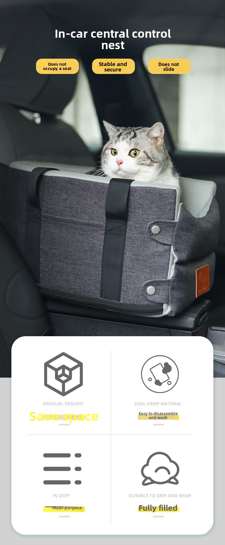 Premium Cat Car Seat Cushion Pet Bed Washable Detachable Safety Travel Carrier for Small Dogs and Cats