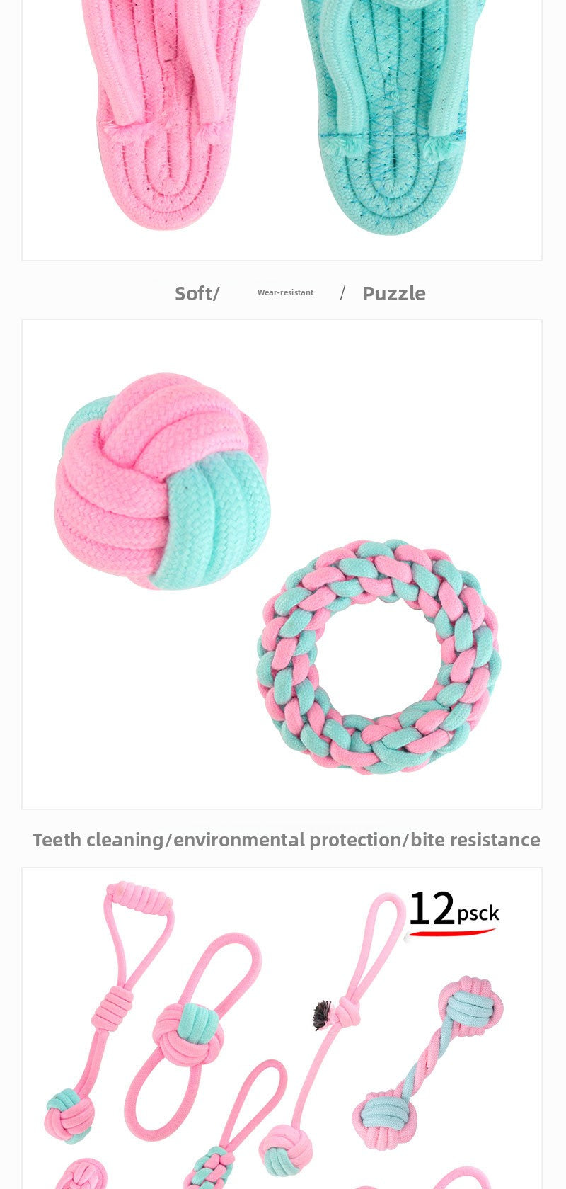 Pink Blue Combination Pet Cotton Rope Knot Toy for Tough Chewing Dogs