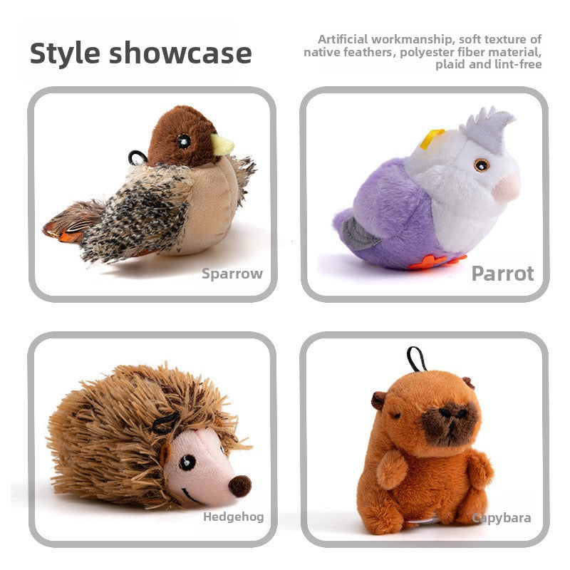 Interactive Cat Toy with Touch Sensitive Sound Plush Bird Hedgehog Capybara Teaser Stick for Teeth Grinding Self Play and Boredom Relief