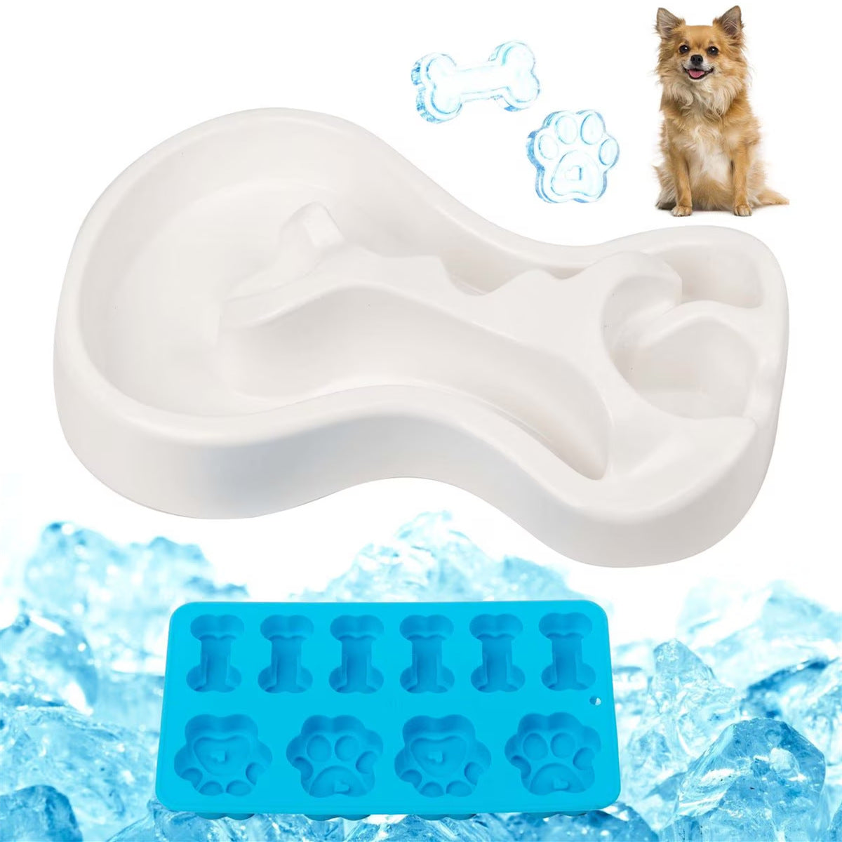 Pet Cooling and Heat Relief Feeding Bowl Set Bone Paw Ice Cube Silicone Mold Dog Cat Lick Bowl