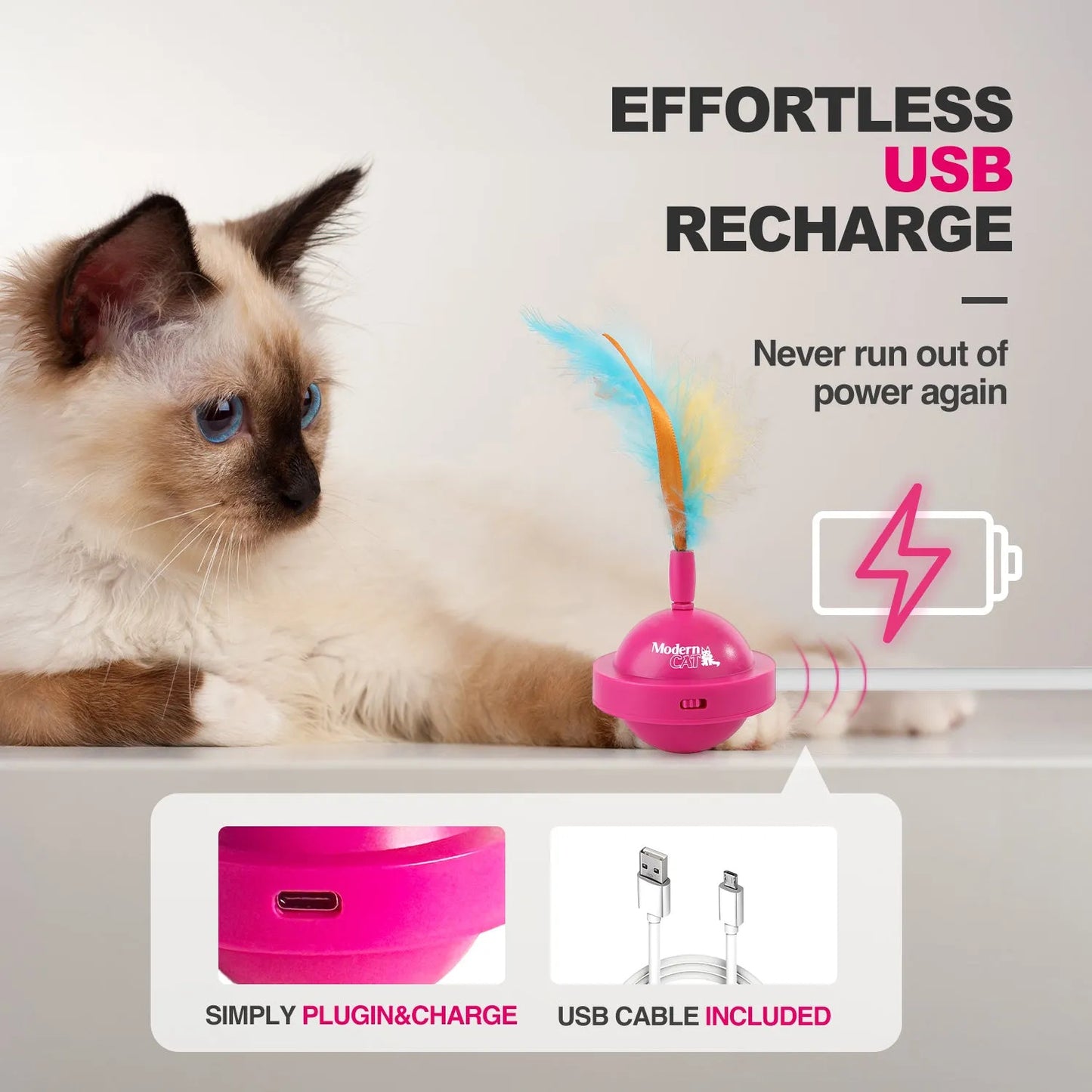 USB Rechargeable Cat Ball Toy 360-Degree Rotating Feather Ribbon Teaser