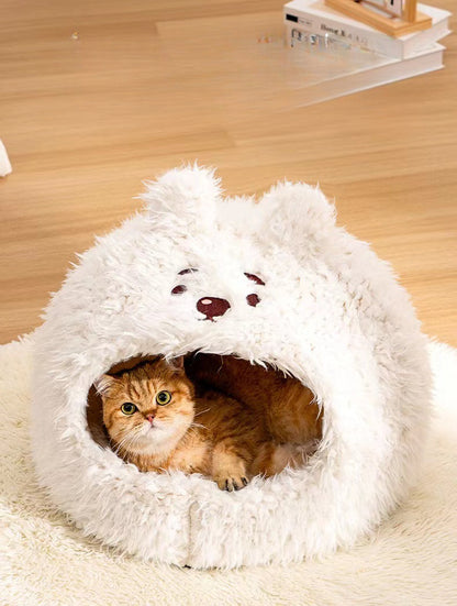 Pet Cat Nest Enclosed Sleeping Nest Dog Nest Winter Warm Mongolian Yurt Plush Animal Style Cute Adorable Pet Fleece Nest
