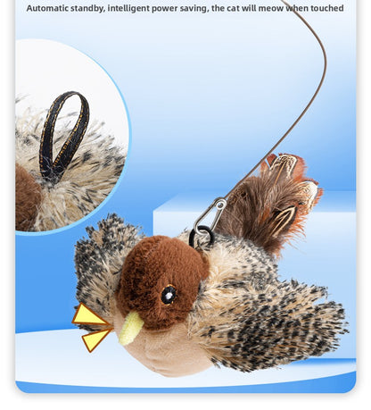 Interactive Cat Toy with Touch Sensitive Sound Plush Bird Hedgehog Capybara Teaser Stick for Teeth Grinding Self Play and Boredom Relief