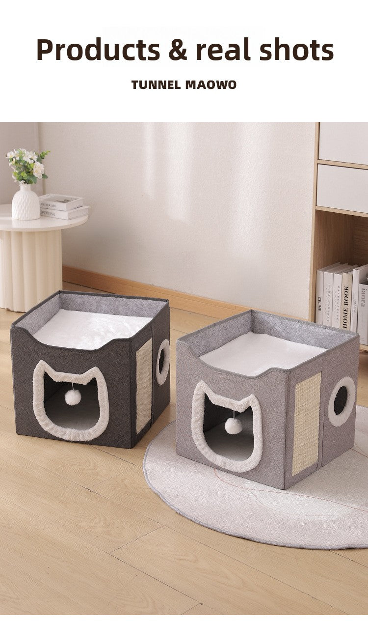 Warm Foldable Cat Villa Storage House Featuring Scratching Board All Year