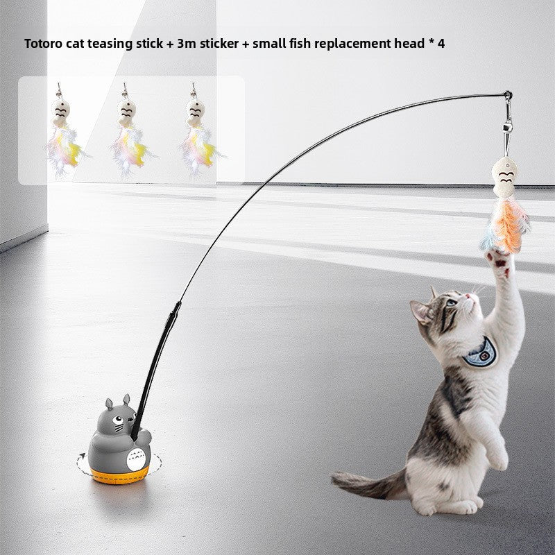 360 Deg Rotating Totoro Cat Teaser Wand Steel Wire Fish Head Bell Boredom Relief Toy