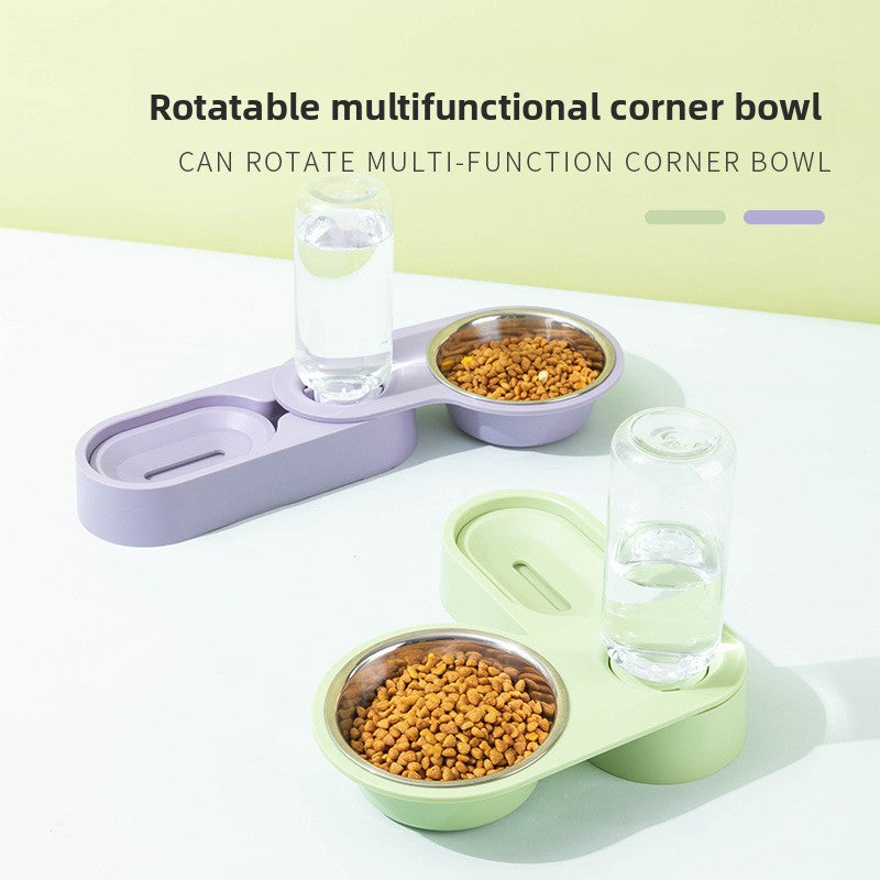 Automatic Pet Water Dispenser with Stainless Steel Double Bowl Rotatable Foldable Dog Cat Feeder for Food and Water Corner Feeding Solution