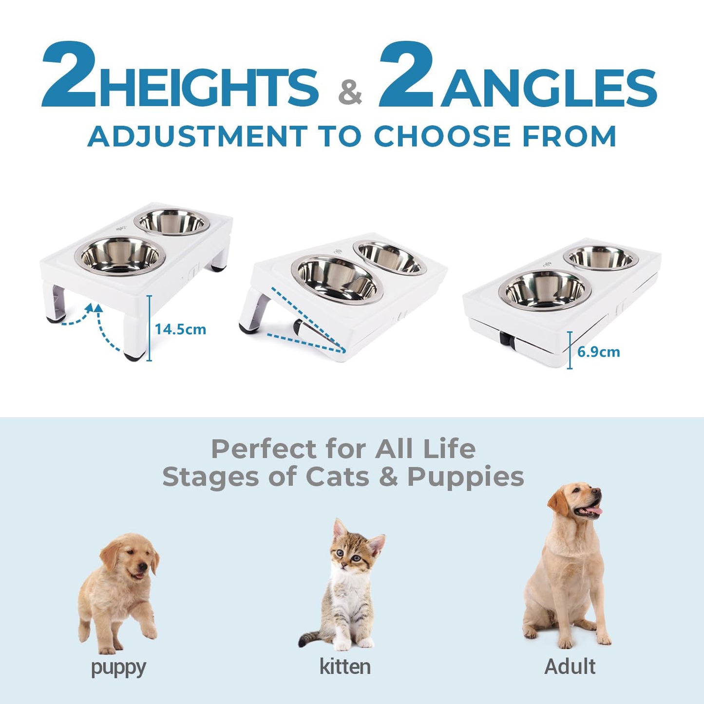 Sturdy Adjustable Height Angle Pet Feeder 750ml Stainless Bowl