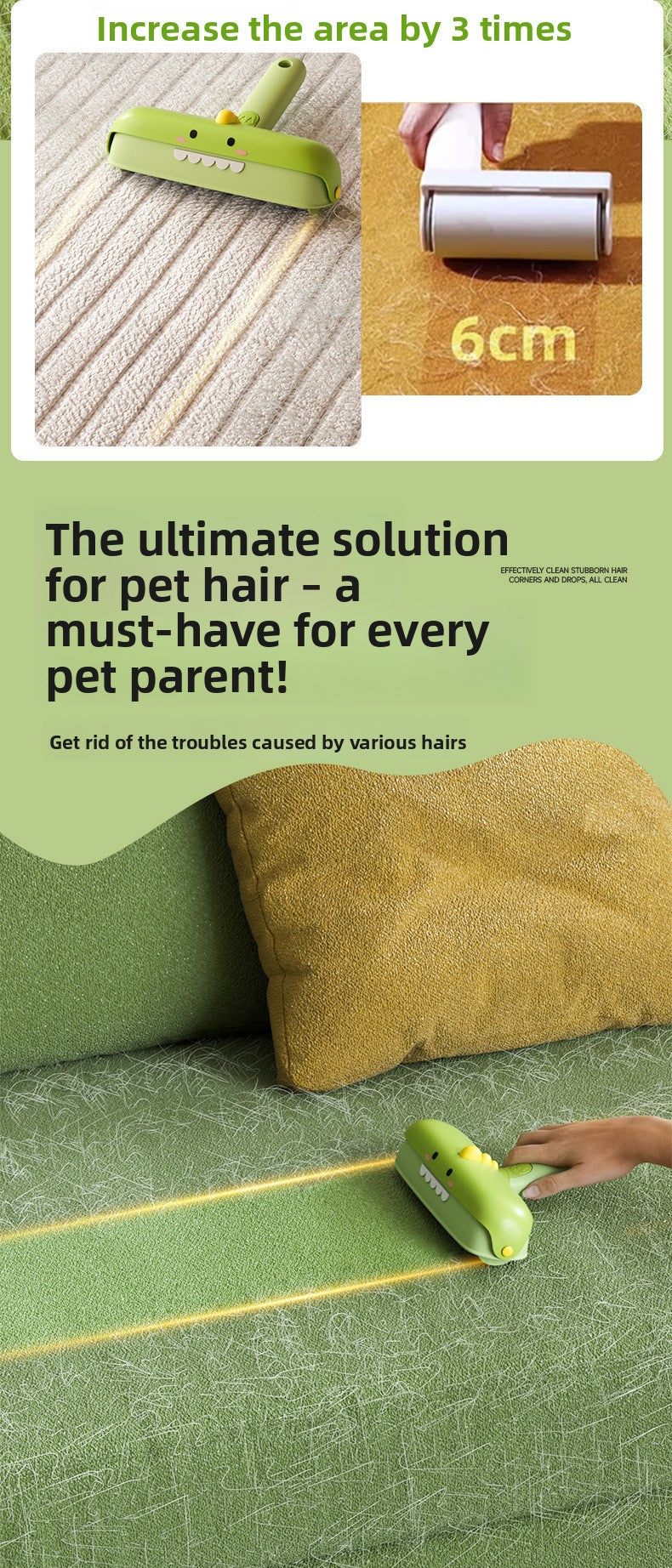 Reusable Pet Hair Remover Brush Dinosaur Design Sticky Lint Roller for Cat Dog Hair on Bedding Clothes Furniture Carpet Couch