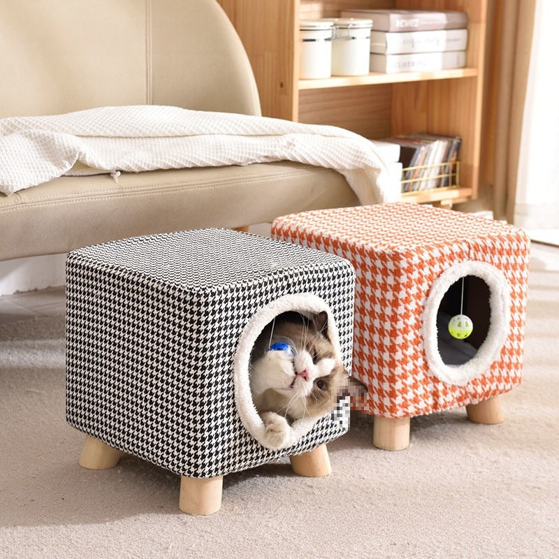 Solid Wood Cat Nest Stool Storage for People and Cats Sharing Cat Supplies Little Kitten House House Four Seasons Warm Cat and Dog Tent