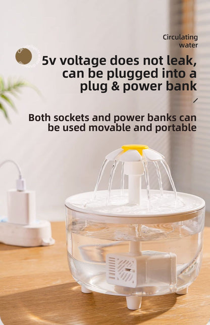 Cat Water Fountain 2L Automatic Circulating Flower Design with LED Light and Filter for Healthy Hydration