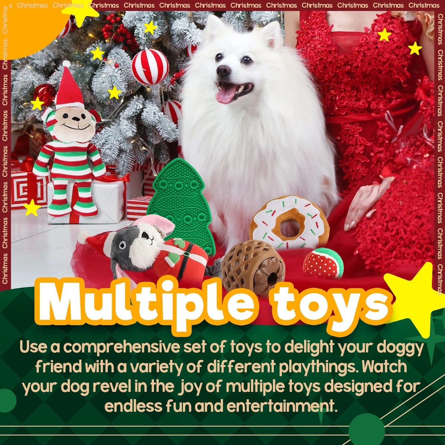 Multiple Christmas Pet Toys Pinecone Treat Dispenser Dog Chew Toy Teaser Wand Pet Bed Set