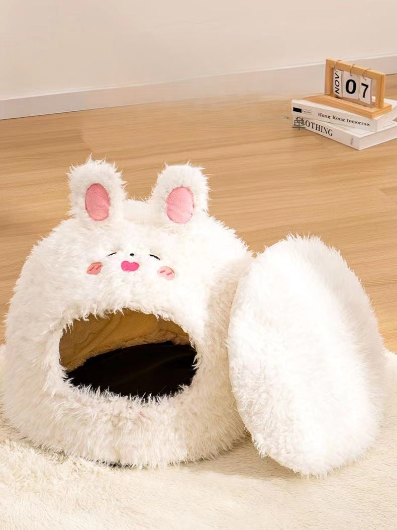 Pet Cat Nest Enclosed Sleeping Nest Dog Nest Winter Warm Mongolian Yurt Plush Animal Style Cute Adorable Pet Fleece Nest