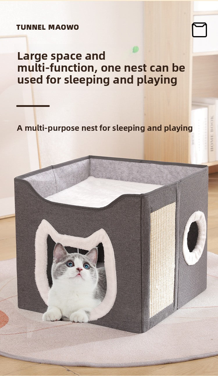 Warm Foldable Cat Villa Storage House Featuring Scratching Board All Year