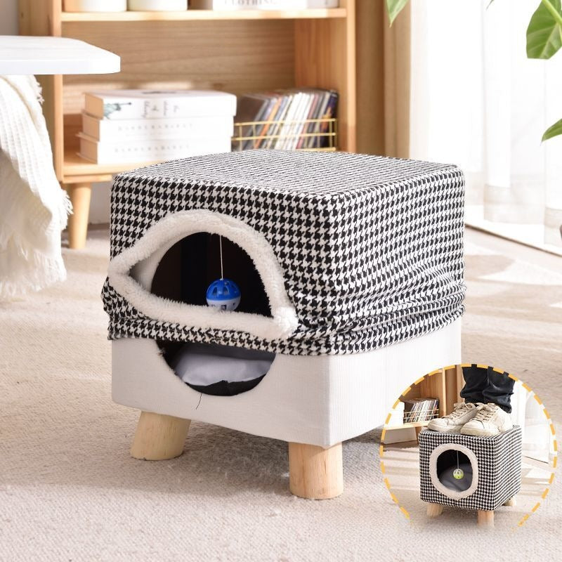 Solid Wood Cat Nest Stool Storage for People and Cats Sharing Cat Supplies Little Kitten House House Four Seasons Warm Cat and Dog Tent