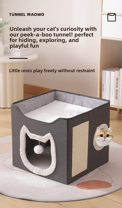 Warm Foldable Cat Villa Storage House Featuring Scratching Board All Year