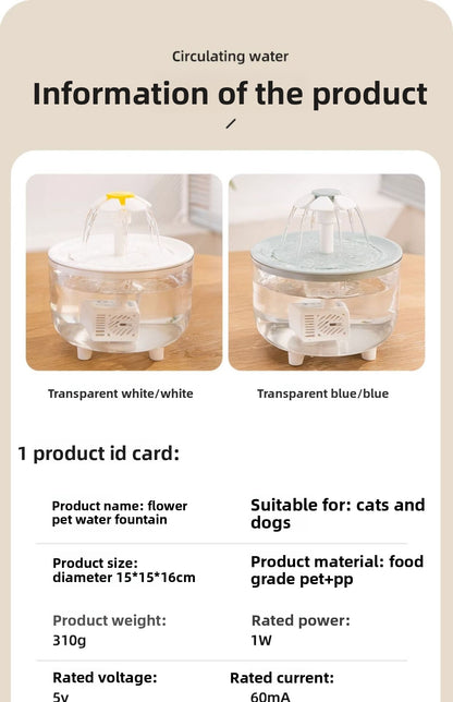 Cat Water Fountain 2L Automatic Circulating Flower Design with LED Light and Filter for Healthy Hydration