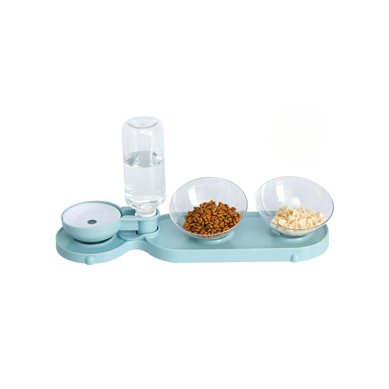 Elevated Cat Food Bowl 3 in 1 Automatic Water Feeder Tilted Design for Neck Relief Slow Feeding Transparent Double Pet Bowl for Cats and Small Dogs