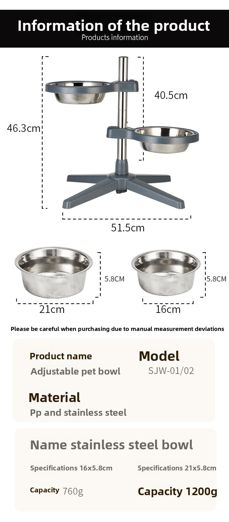 Stainless Steel Adjustable Double Pet Bowl Anti Splash Slip Neck Protection Dog Feeder