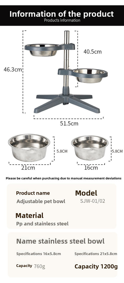 Stainless Steel Adjustable Double Pet Bowl Anti Splash Slip Neck Protection Dog Feeder