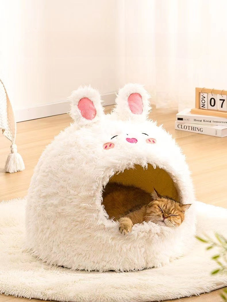 Pet Cat Nest Enclosed Sleeping Nest Dog Nest Winter Warm Mongolian Yurt Plush Animal Style Cute Adorable Pet Fleece Nest