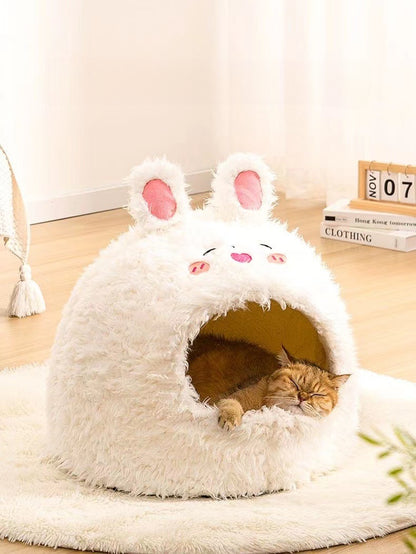 Pet Cat Nest Enclosed Sleeping Nest Dog Nest Winter Warm Mongolian Yurt Plush Animal Style Cute Adorable Pet Fleece Nest