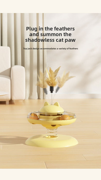 Advanced Self Amusement Cat Toy Automatic Rotating Turntable with Feather Wand and Balls for Indoor Kittens to Play Alone