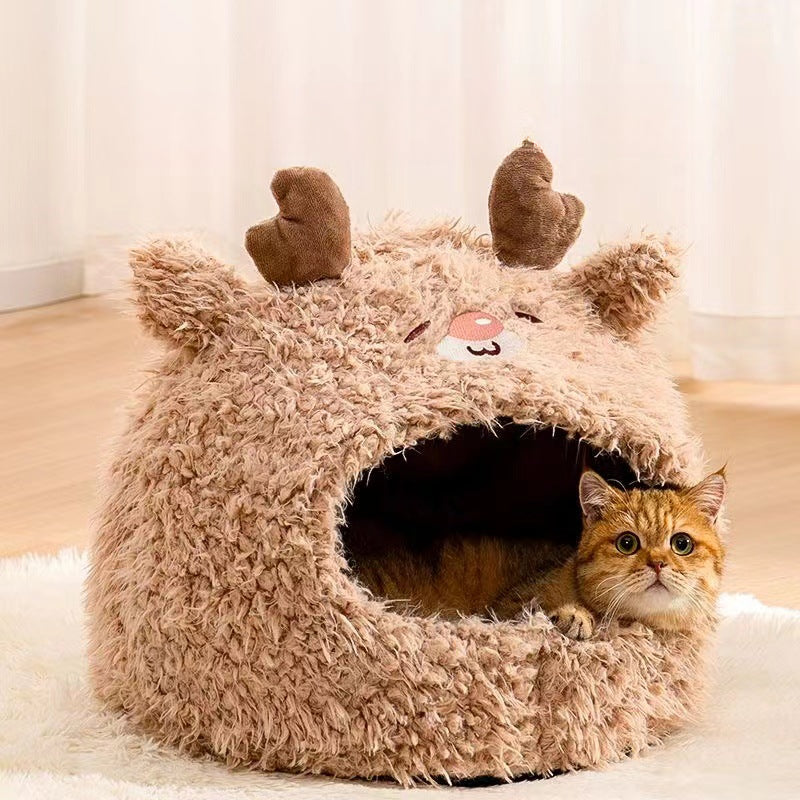 Pet Cat Nest Enclosed Sleeping Nest Dog Nest Winter Warm Mongolian Yurt Plush Animal Style Cute Adorable Pet Fleece Nest