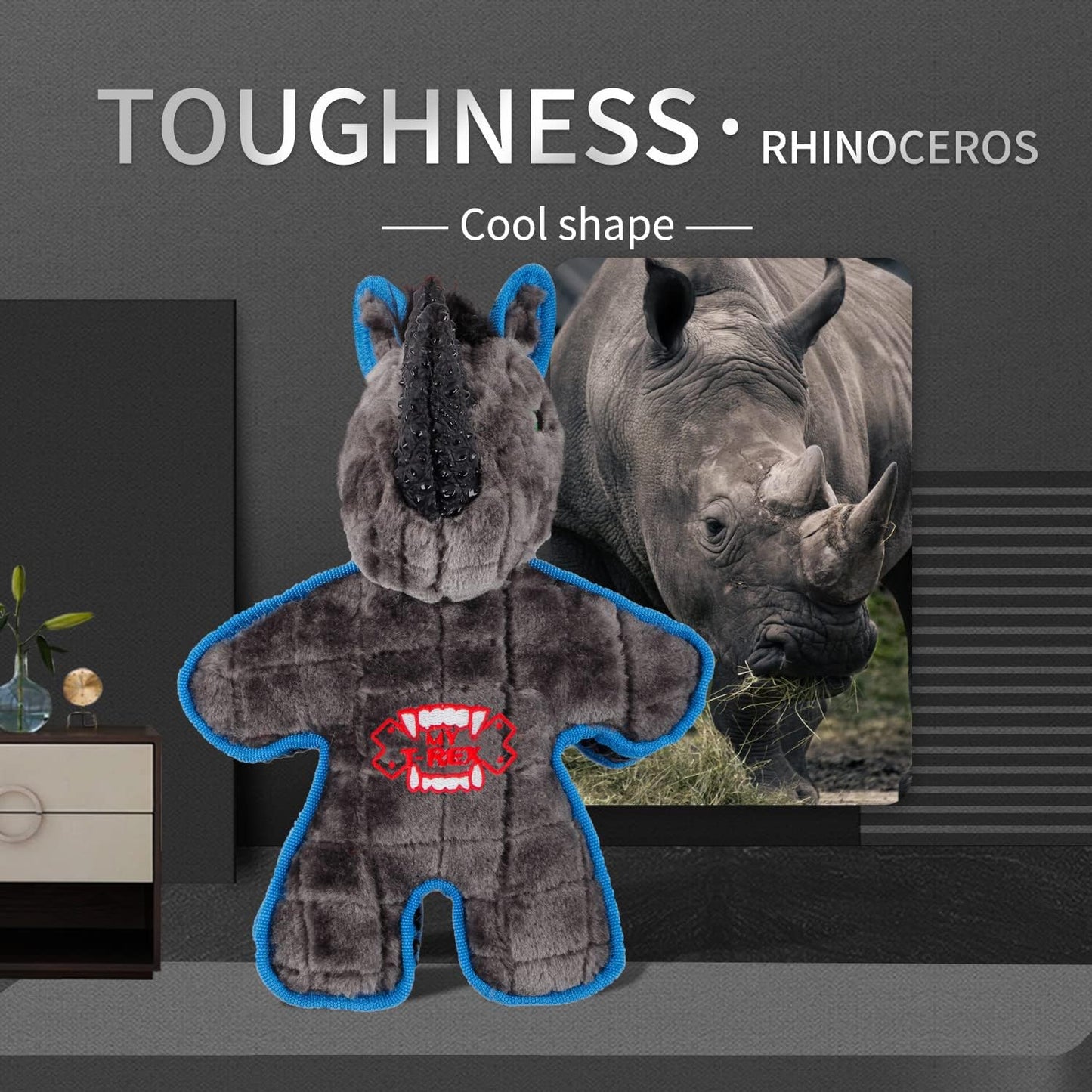 Durable and Bite-Resistant Pet Plush Chew Toy for Stress Relief, Rhino Bull Dog Teeth Cleaning Toy