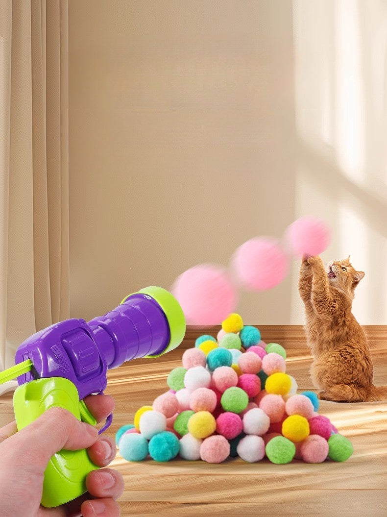 Elastic Hairball Pompom Launcher Gun for Cats Stress Relief SelfEntertainment Wand
