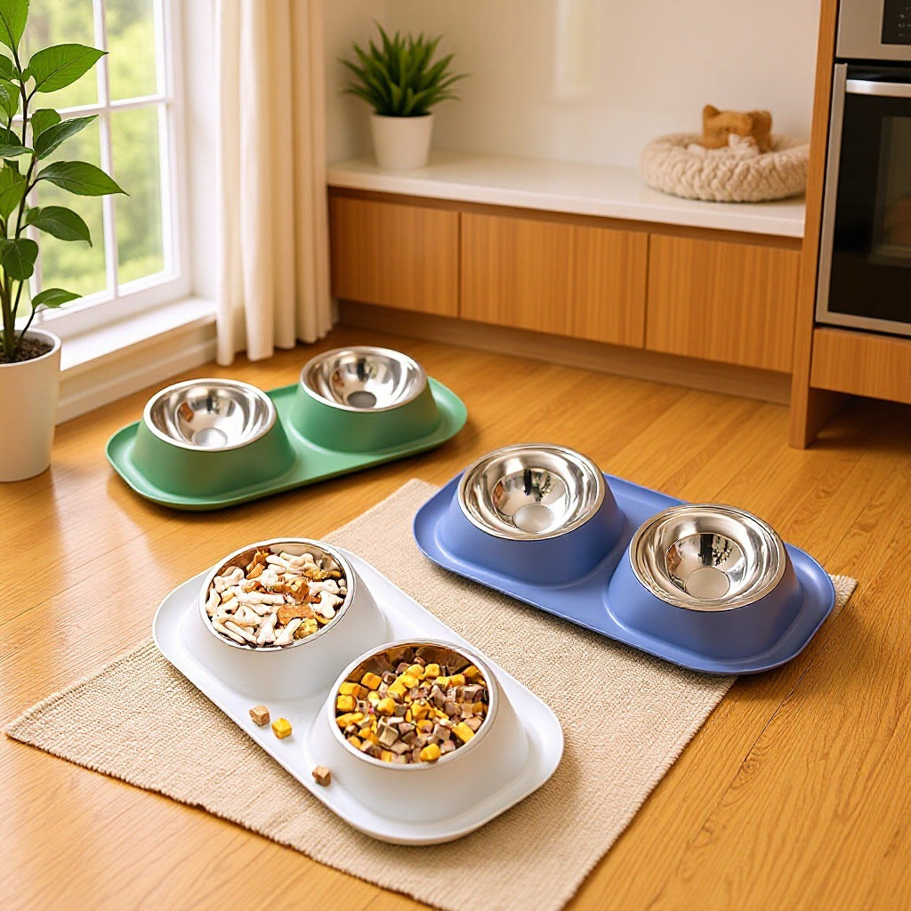 Double Bowl Stainless Steel Pet Bowl with Neck Protection for Cats Dogs
