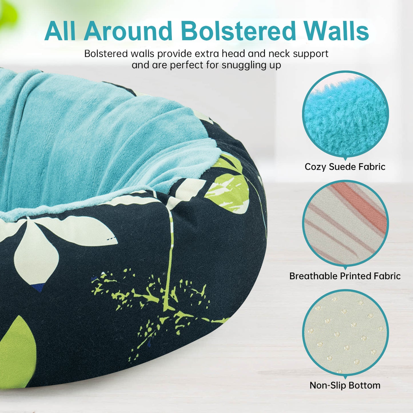 Plush Round Pet Bed Blue Leaves Pattern All-Season Cat Dog Non-Slip Mat