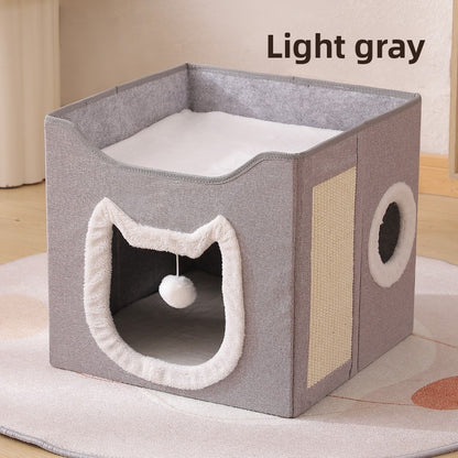 Warm Foldable Cat Villa Storage House Featuring Scratching Board All Year