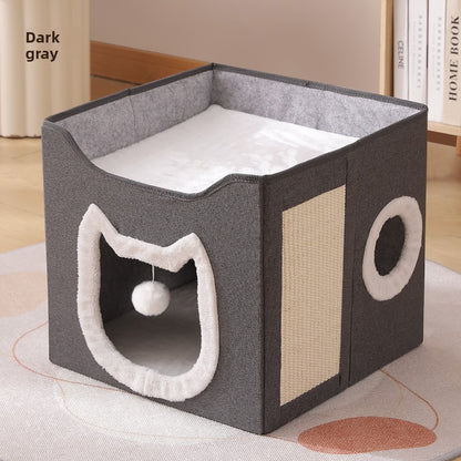 Warm Foldable Cat Villa Storage House Featuring Scratching Board All Year