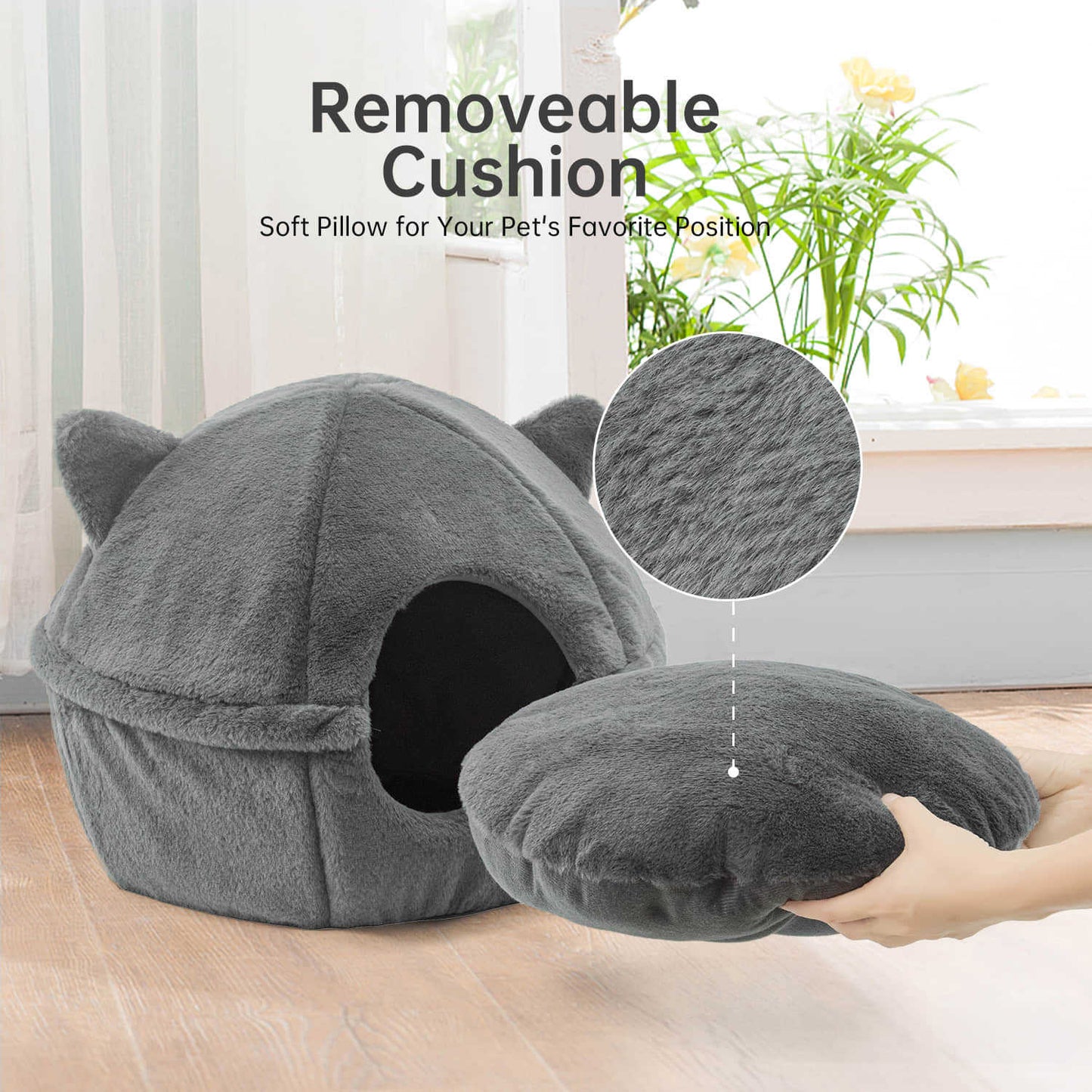 Detachable Foldable Cave Cat Bed Featuring Double Zipper Soft Fur Pad